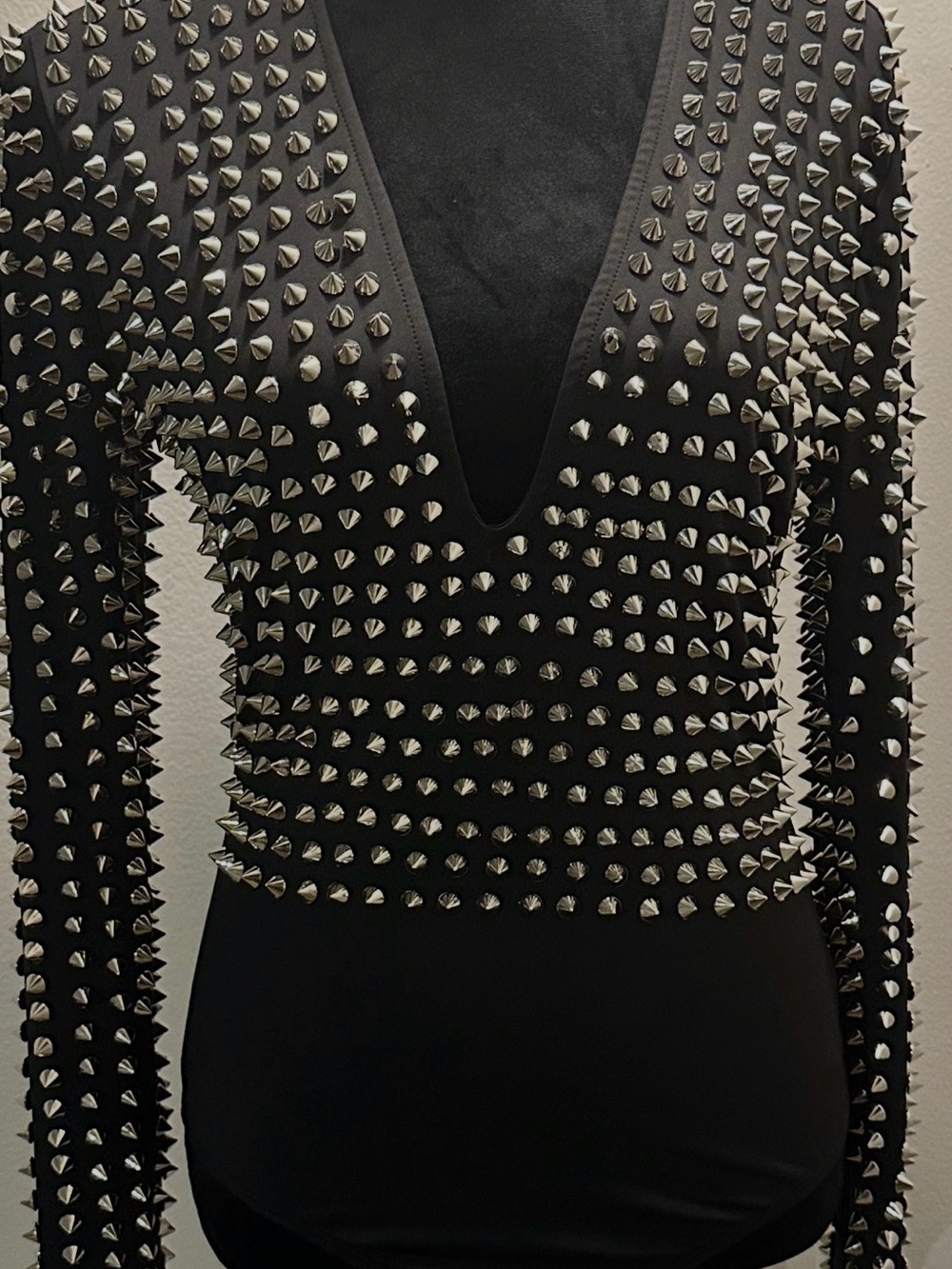 AKIRA Black Long-Sleeve Studded V-Neck Bodysuit